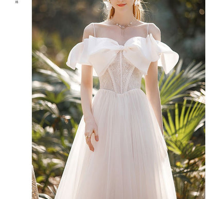 Puff-Sleeve Trained A-Line Wedding Gown