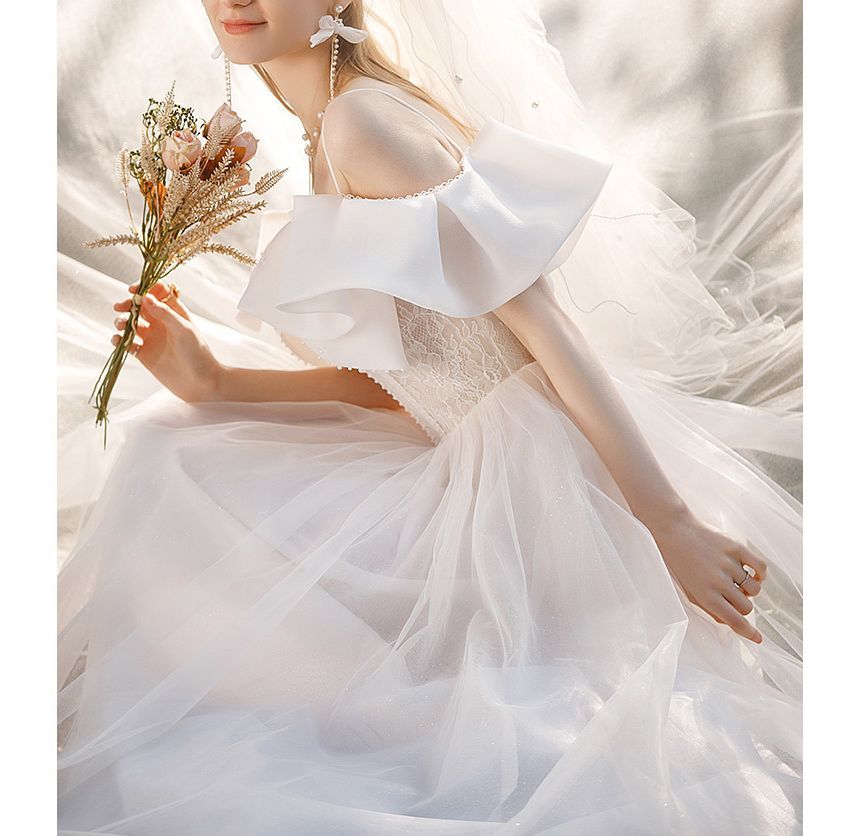 Puff-Sleeve Trained A-Line Wedding Gown