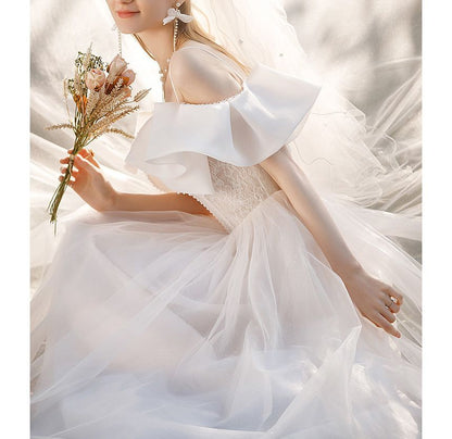 Puff-Sleeve Trained A-Line Wedding Gown