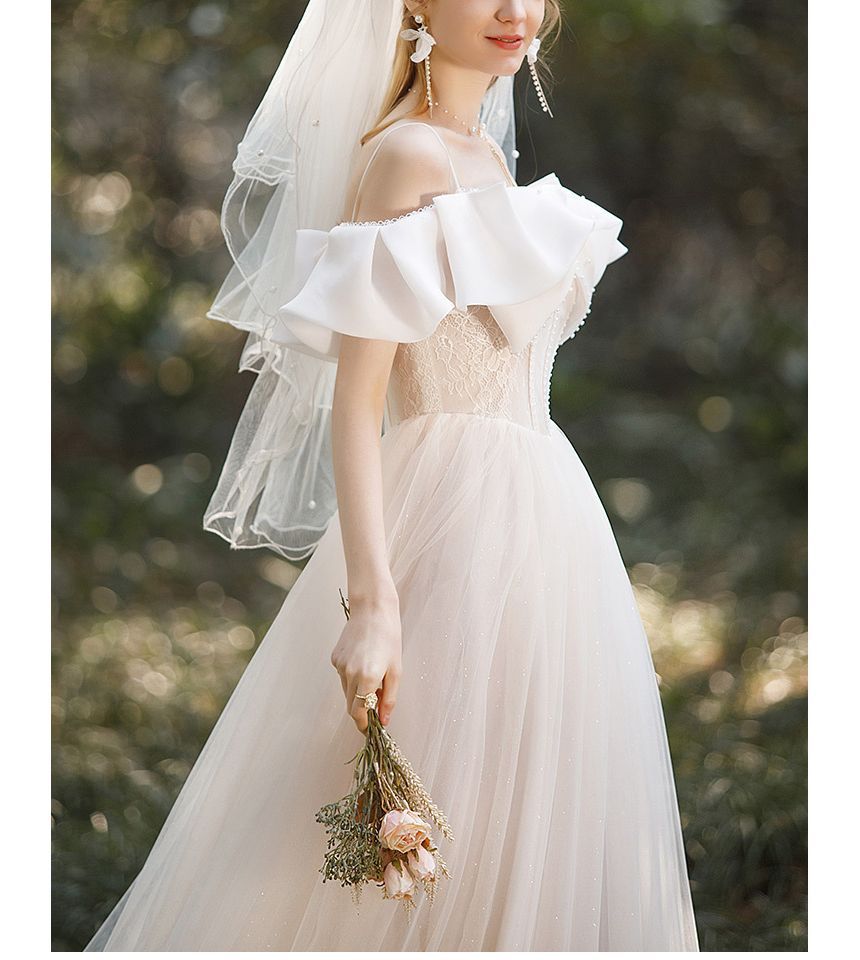 Puff-Sleeve Trained A-Line Wedding Gown