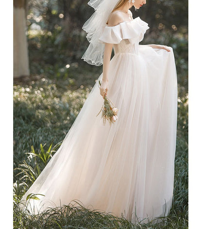Puff-Sleeve Trained A-Line Wedding Gown