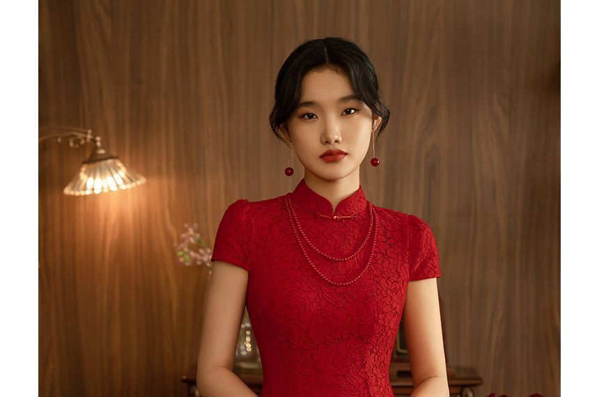 Short-Sleeve Frog Buttoned Plain Midi Sheath Dress