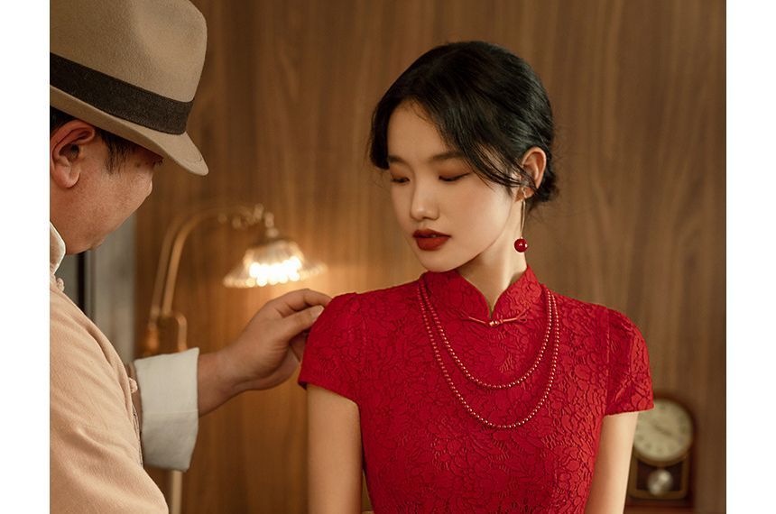 Short-Sleeve Frog Buttoned Plain Midi Sheath Dress