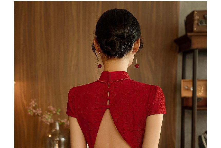 Short-Sleeve Frog Buttoned Plain Midi Sheath Dress