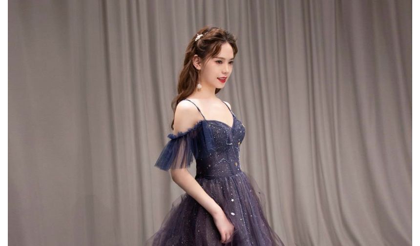 Cold Shoulder Mesh Glitter A-Line Evening Gown