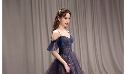 Cold Shoulder Mesh Glitter A-Line Evening Gown