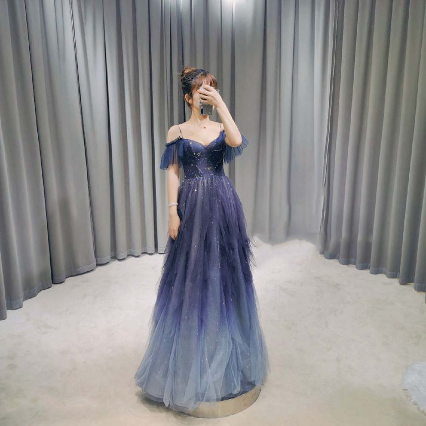 Cold Shoulder Mesh Glitter A-Line Evening Gown