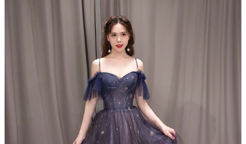 Cold Shoulder Mesh Glitter A-Line Evening Gown