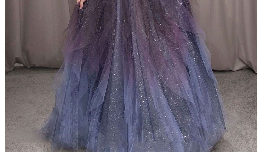 Cold Shoulder Mesh Glitter A-Line Evening Gown