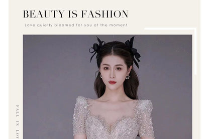 Short-Sleeve V-Neck Trained Mermaid Evening Gown