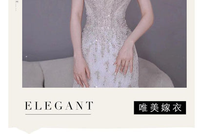 Short-Sleeve V-Neck Trained Mermaid Evening Gown