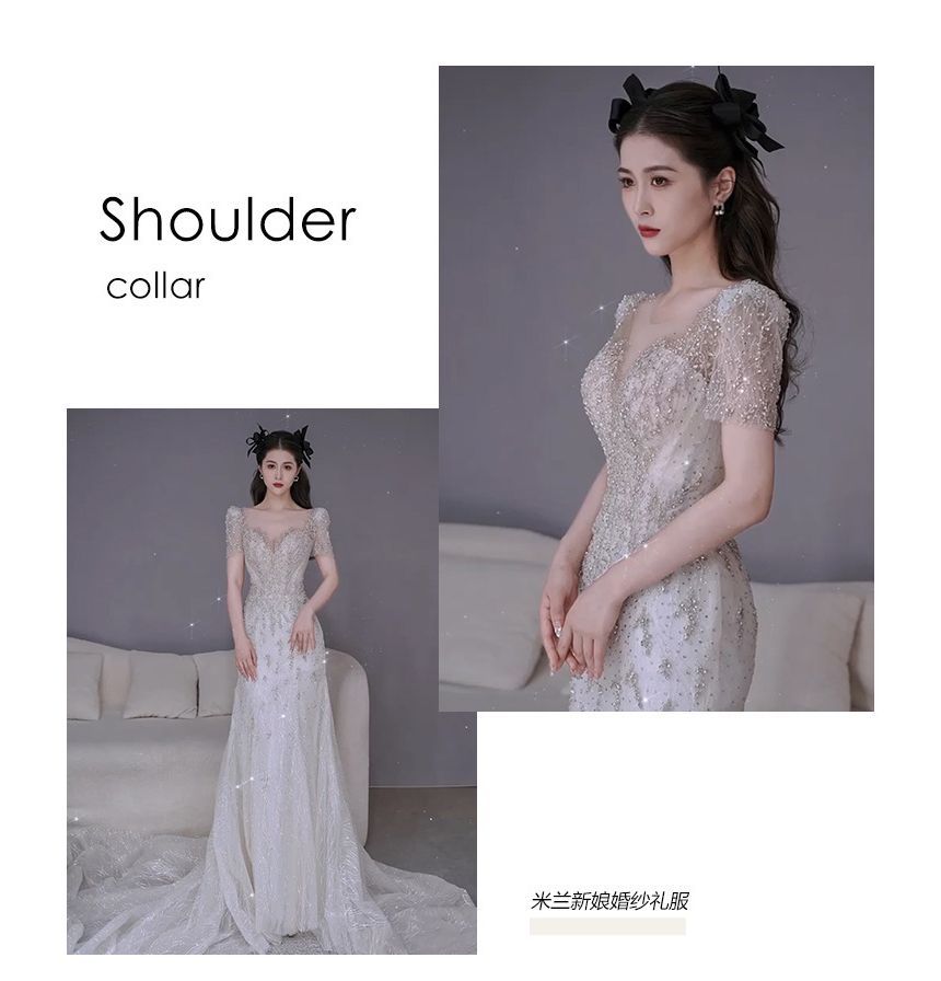 Short-Sleeve V-Neck Trained Mermaid Evening Gown