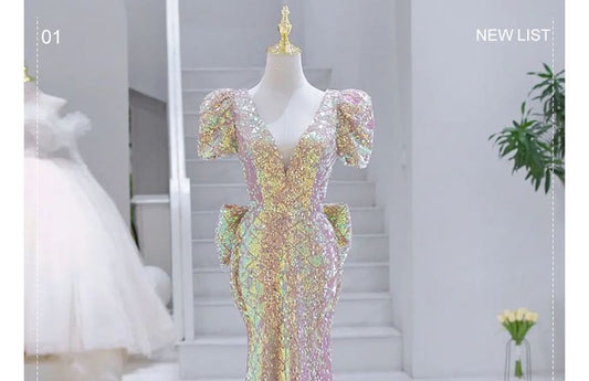 Short-Sleeve Plunged Sequined Mermaid Evening Gown