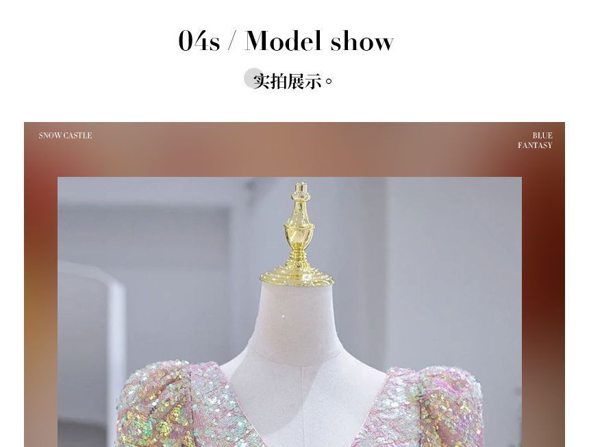 Short-Sleeve Plunged Sequined Mermaid Evening Gown