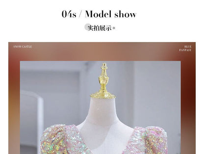 Short-Sleeve Plunged Sequined Mermaid Evening Gown