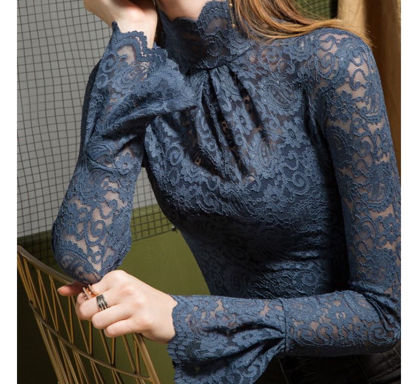 Mock-Neck Lace Top with Long Sleeves