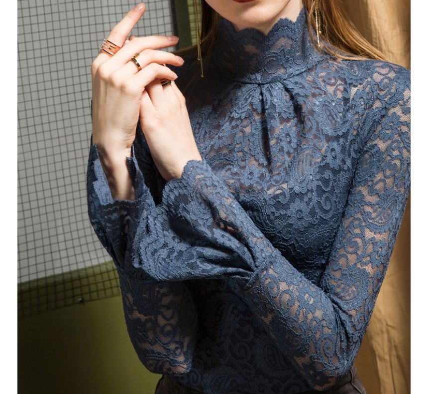 Mock-Neck Lace Top with Long Sleeves