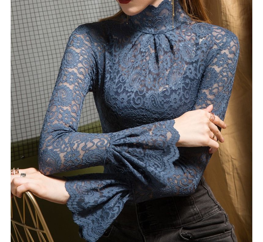 Mock-Neck Lace Top with Long Sleeves