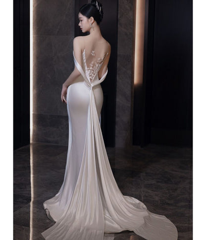 Sleeveless Square Neck Plain Floral Embroidered Panel Mesh Mermaid Wedding Gown