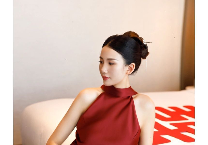 Sleeveless Stand Collar Plain Tie Back Satin A-Line Evening Gown