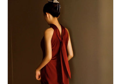 Sleeveless Stand Collar Plain Tie Back Satin A-Line Evening Gown