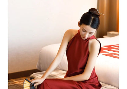 Sleeveless Stand Collar Plain Tie Back Satin A-Line Evening Gown