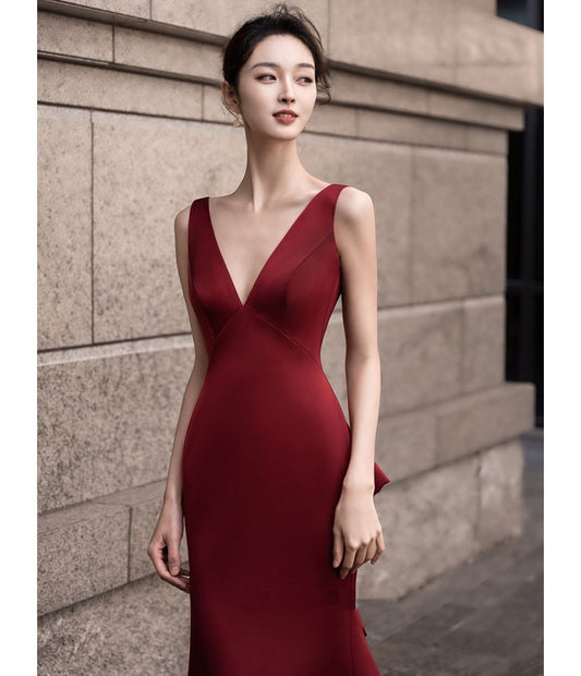 Sleeveless V-Neck Plain Backless Bow A-Line Evening Gown
