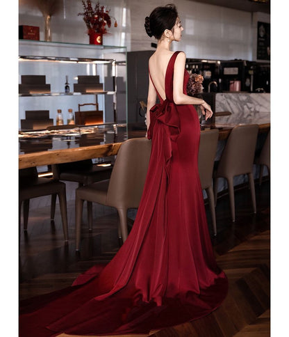 Sleeveless V-Neck Plain Backless Bow A-Line Evening Gown