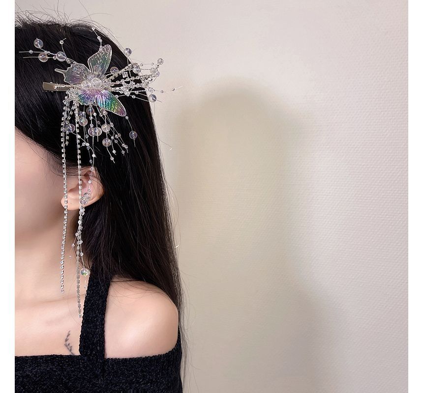 Fringed Pearl Hair Butterfly Faux Clip