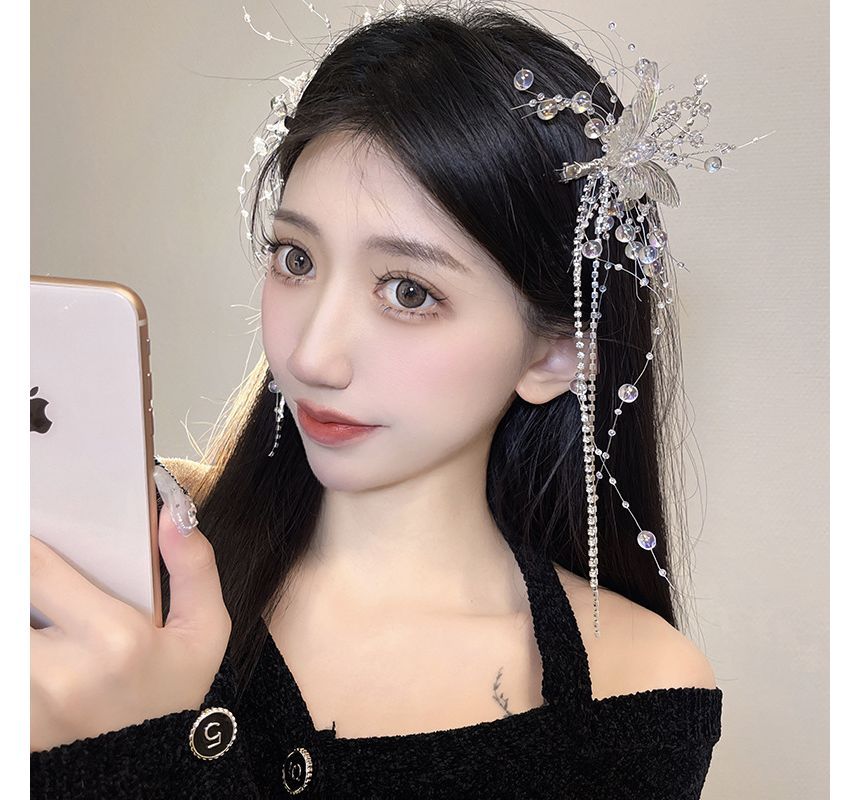 Fringed Pearl Hair Butterfly Faux Clip