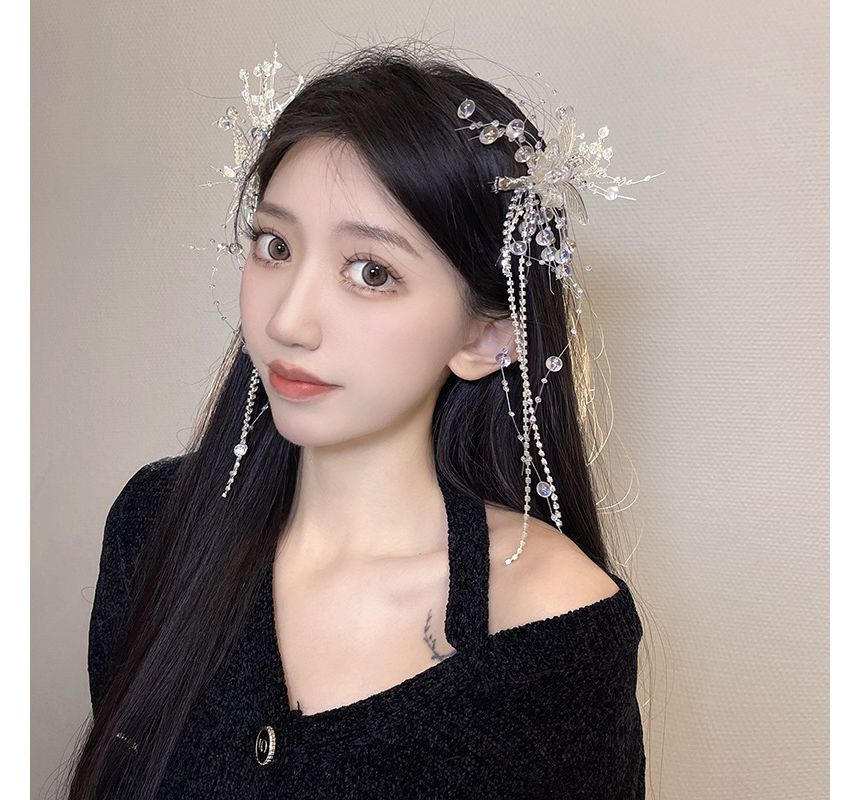 Fringed Pearl Hair Butterfly Faux Clip