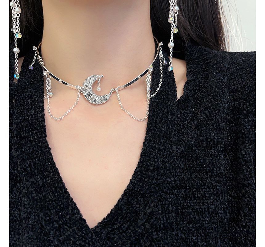 Moon & Star Fringed Alloy Choker / Fringed Earring