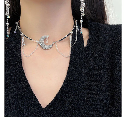 Moon & Star Fringed Alloy Choker / Fringed Earring