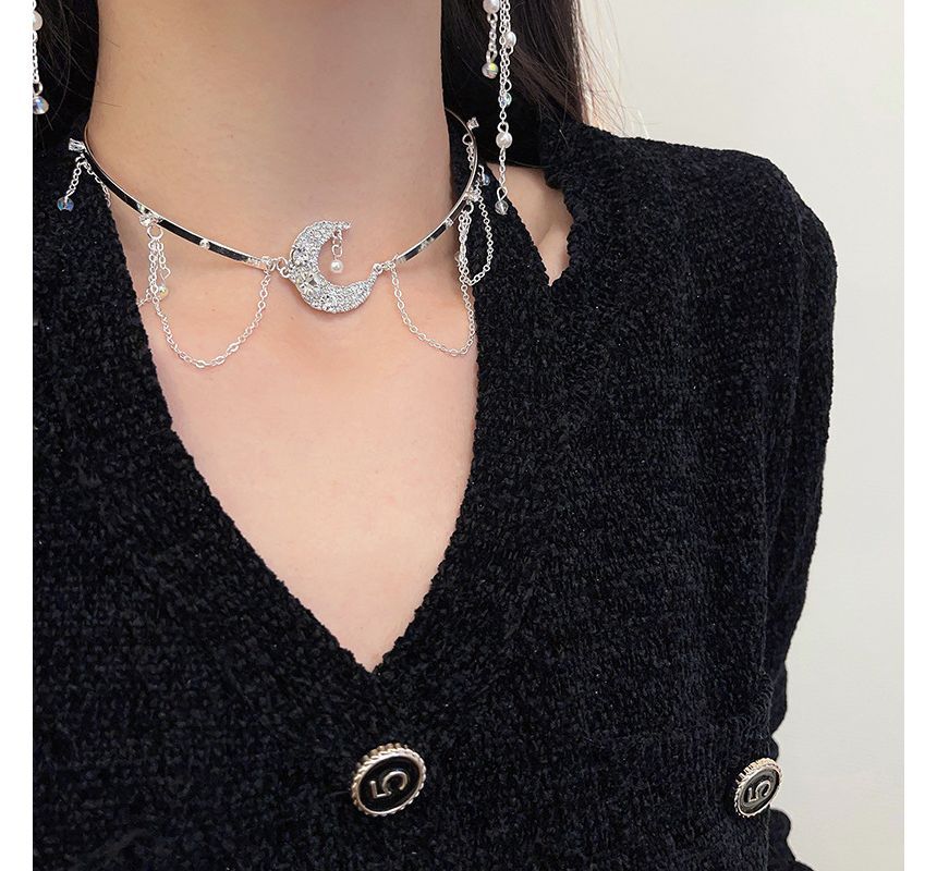 Moon & Star Fringed Alloy Choker / Fringed Earring