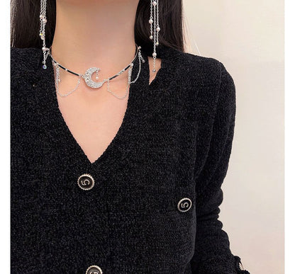 Moon & Star Fringed Alloy Choker / Fringed Earring