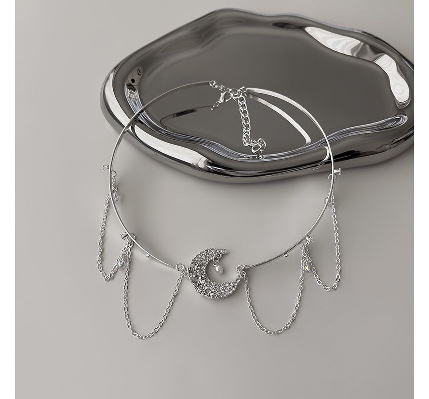Moon & Star Fringed Alloy Choker / Fringed Earring