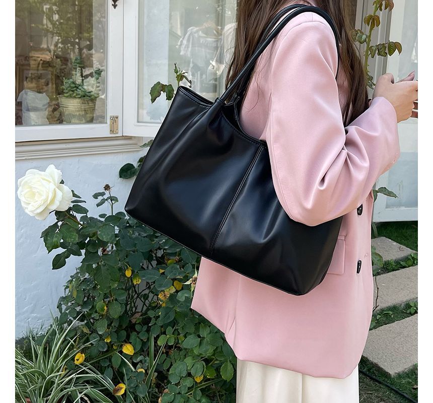 Faux Leather Plain Shoulder Tote