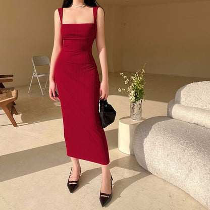 Sleeveless Square Neck Plain Maxi Sheath Dress