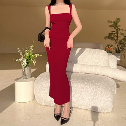 Sleeveless Square Neck Plain Maxi Sheath Dress