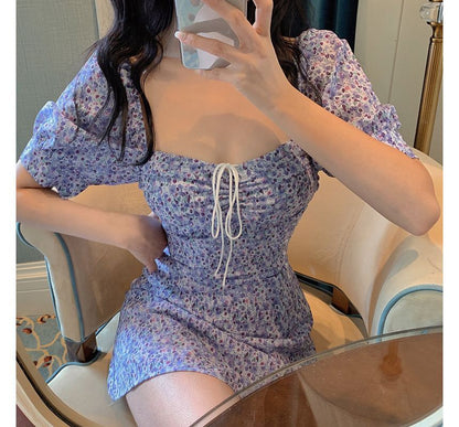 Short-Sleeve Square Neck Floral Mini Sheath Dress