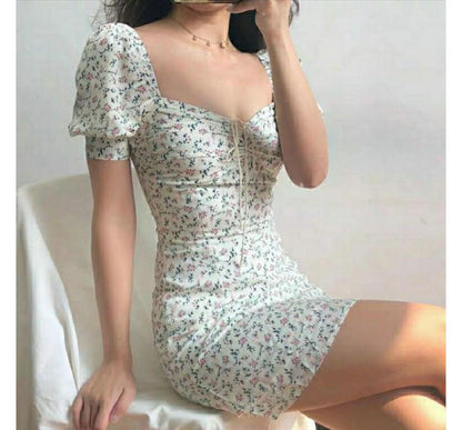 Short-Sleeve Square Neck Floral Mini Sheath Dress