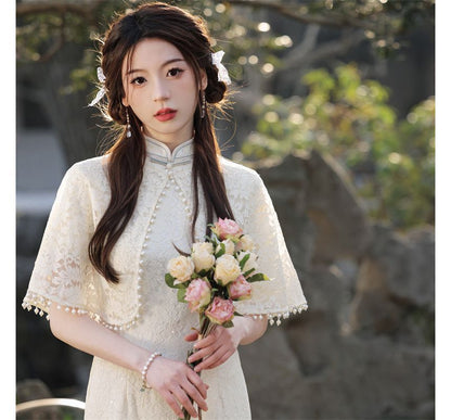 Set: Short-Sleeve Lace Panel Midi Qipao + Cape