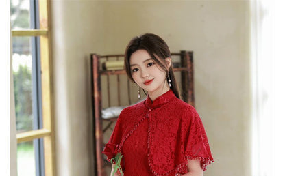 Set: Short-Sleeve Lace Panel Midi Qipao + Cape