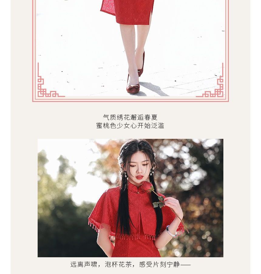 Set: Short-Sleeve Lace Panel Midi Qipao + Cape