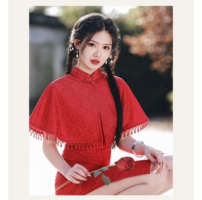 Set: Short-Sleeve Lace Panel Midi Qipao + Cape