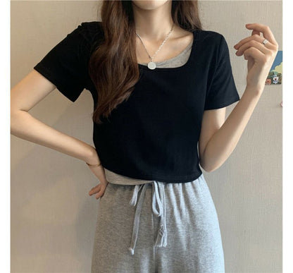 Short-Sleeve Scoop Neck Mock Two Piece Tee