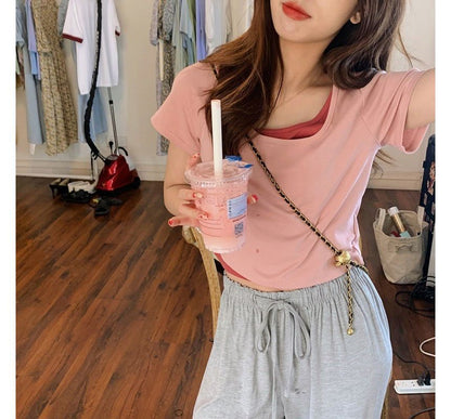 Short-Sleeve Scoop Neck Mock Two Piece Tee