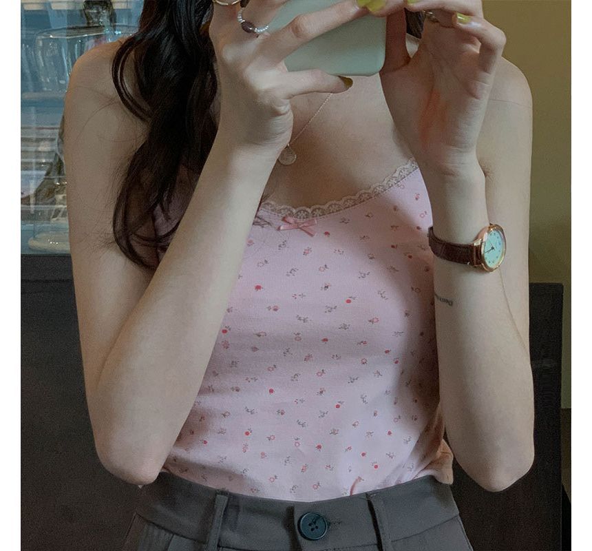 Floral Print Lace Trim Crop Camisole Top