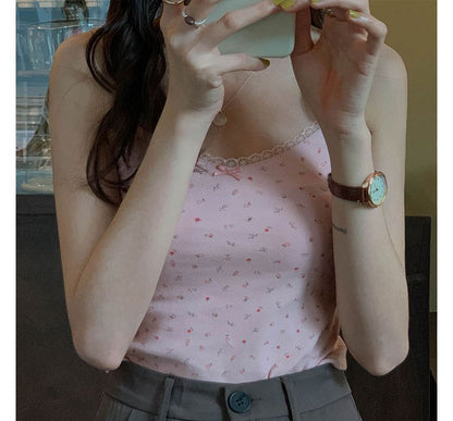 Floral Print Lace Trim Crop Camisole Top