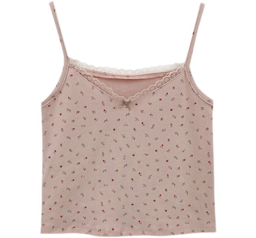 Floral Print Lace Trim Crop Camisole Top